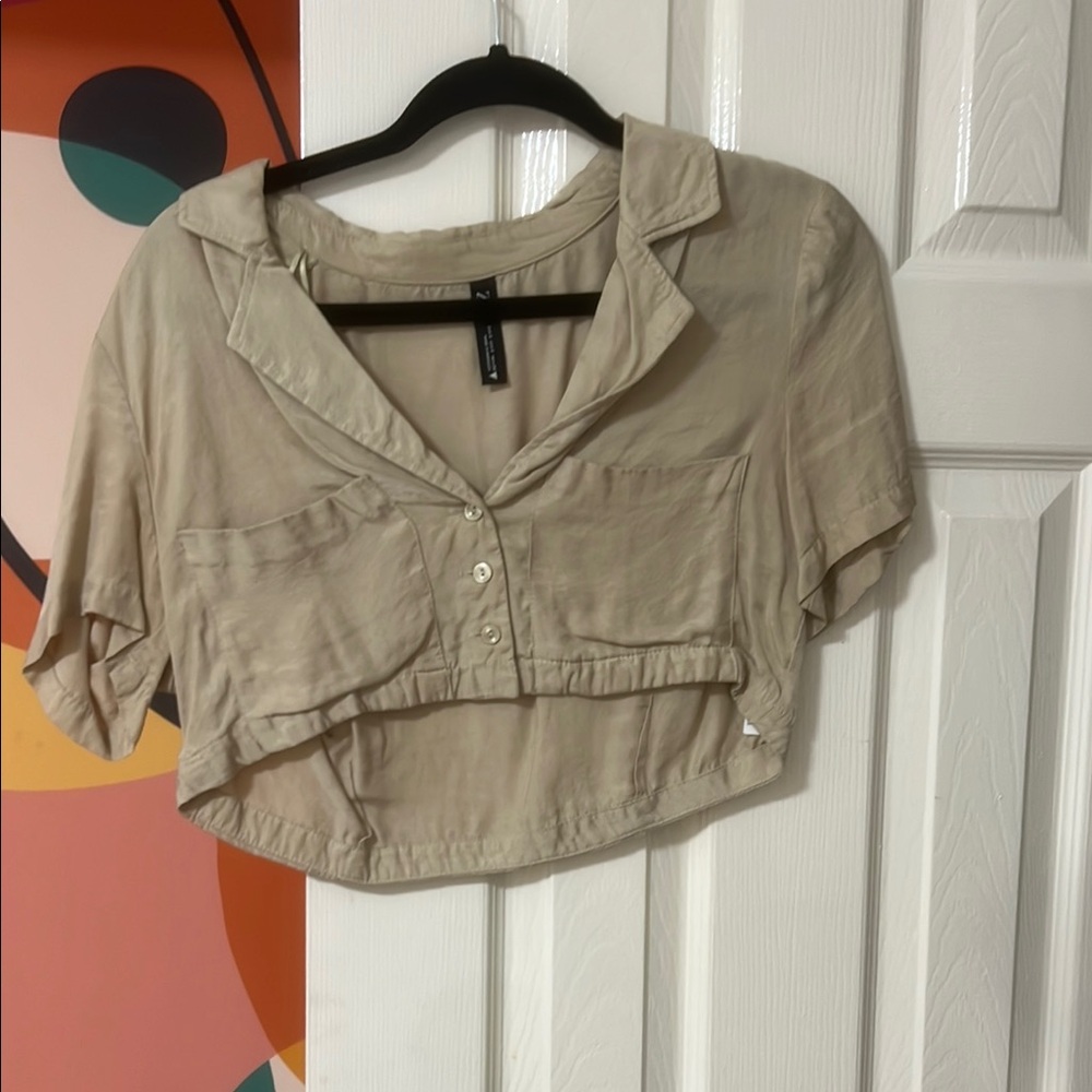 Beige Cropped Button-Up Top